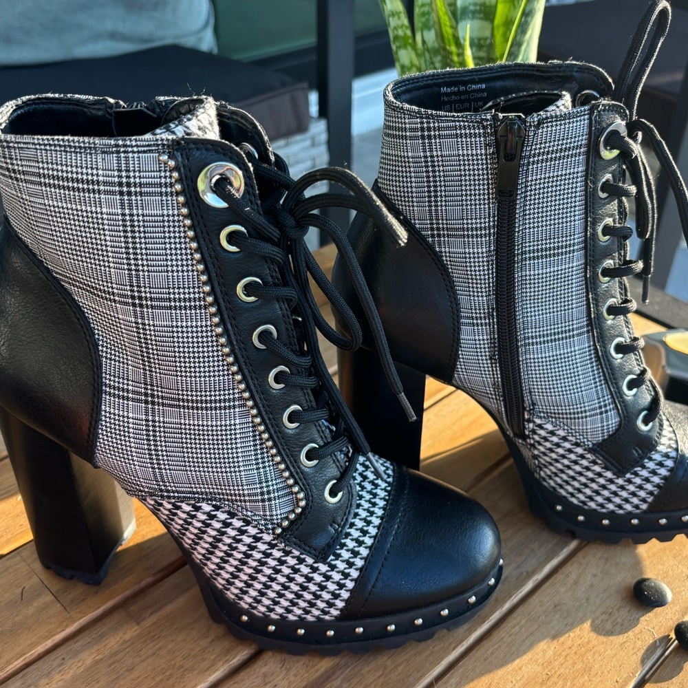 Stylish Black and White Plaid Ankle Boots